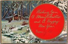 1910s MERRY CHRISTMAS Happy New Year Embossed Postcard Winter Cabin Scene picture
