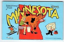 Greetings From Minnesota Women Milks Cow Flour Bag Ski Postcard Map Linen Kropp picture