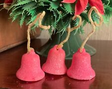 Vintage Pink Hard Plastic Flocked Christmas bell ornaments lot of 3 picture