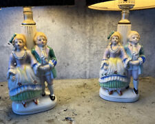 Set Of 2 Vtg Victorian Couple Hand Painted Porcelain Boudoir Lamps Made in Japan picture