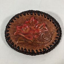Vintage Western Handmade Tooled Leather Belt Buckle Red Floral Flower w Lacing picture