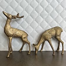 Vintage MCM Mid Century Solid Brass Antlered Spotted Buck And Doe Deer Set picture