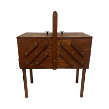 Vintage MCM Wood Accordion Sewing Box Side Accent Table Storage Container Expand picture