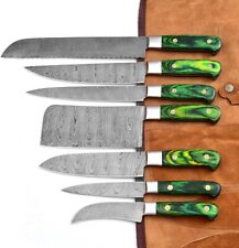 DAMASCUS BLADE 7 Pc's. KITCHEN KNIVES SET with roll bag. (ZE-1081-Green 7C picture