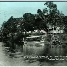1909 Cedar Falls, IA Summer Cottage & Boat Litho Photo Postcard Cedar River A38 picture