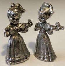 Vintage Miniature Metal Girl Figurines With Violins Bird 1 3/8” Set Of 2 Sisters picture