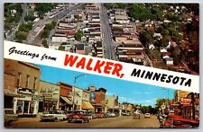 Walker Minnesota~Aerial View & Main Street~Rexall Drugstore~Texaco~1950s PC picture