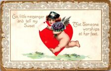 Raphael Tuck CUPID Series Valentines Cupid as Mailman Heart Bouquet Sent 1912 picture