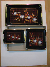 VTG TOYO Japan Black Multi-Floral Nesting Lacquer Ware Serving Trays Set of 3 picture