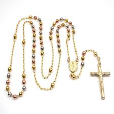 14K Tricolor Gold 6MM Crucifix Cross Virgin Mary Rosary Chain Pendant 26
