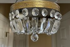 Vintage French Flush Mount Crystal Basket Chandelier Ceiling Light Brass 10” picture
