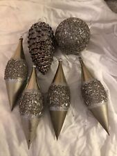 Fancy  Ornate Silver Ornaments Sprinkles Glitter 7” Tear Drop Shatter Proof 6 picture