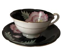 Vintage Shafford Hand Painted in Japan Teacup and Saucer Black with Pink Roses picture