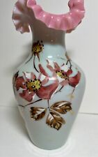 antique cased glass, ruffled rim vase with painted flowers; 