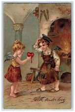 c1905 Valentine Girl Angel Crying Heart Blacksmith Embossed Antique Postcard picture