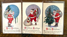 Colorful~Lot of 3~SANTA CLAUS w. Tree~Sack~Toys~Antique Christmas Postcards~k522 picture