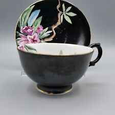 VTG Clarence Teacup and Saucer Black Tropical Purple Orchid England Bone China picture