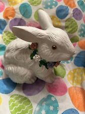 Porcelain White Easter Bunny Rabbit W/Rose Floral Necklace, Pink Eyes 8” X 9” picture