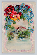 Postcard Floral Greeting Flowers & Cottage Congratulations, Antique i16 picture