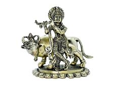 Lord Krishna with Cow Brass Idol playing flute 1.9 Kilogram 7 Inch Tall picture