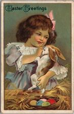 1910s EASTER Postcard Girl Shushing the Bunny She's About to Put Down - UNUSED picture