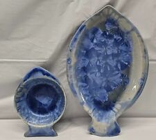Vintage Crystaline Glazed Edgecomb Potters Fish Shaped Bowl And Plate Blue Glaze picture