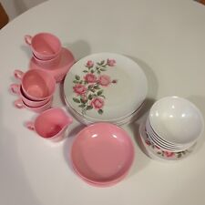Vintage MCM Boonton Ware Set Melamine Rose Pink Dinnerware Plates Bowls Mugs  picture