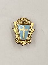 Vintage Blue And Gold Colored Cross Shield Religious Lapel Pin picture