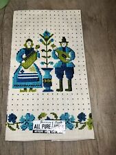 Vintage Linen Parisian Prints Dish Towel Aqua & Green MCM Retro Dutch Couple New picture