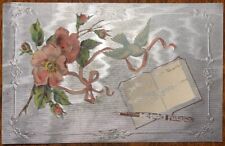 Antique c1910 Birthday Greetings, Silver Foil, Reflective Embossed Postcard WOB picture