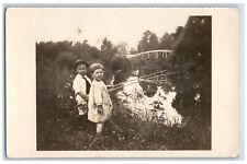 c1920's Children Fishing Rod Bridge Boy Girl Cute RPPC Photo Postcard picture