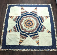 Antique Handmade Quilt Lone Star 86”x 86” Brown Blue Beige Hand Quilted Stitched picture