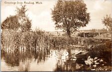 RPPC Greetings from Reading Michigan- c1904-1918 Photo Postcard- Swans Rowboat picture