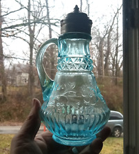 1880s RARE BLUE ADAMS NO.140 WILDFLOWER EAPG GLASS SYRUP PITCHER PAT 1884 LID picture