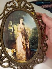 Vtg Solid Brass Ornate Oval Framed Print Italian Victorian Lady W Hound... picture