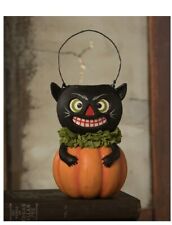 Bethany Lowe Halloween Vintage style Black Cat in Pumpkin bucket ~ TL3359 picture