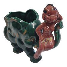 Vtg Green Elephant & Happy Cannibal Hawaiian Islander Ceramic Planter picture