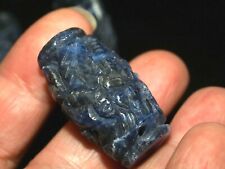 Vintage Carved Chinese Bead Blue Sodalite Flower Leaves 31mm x 17mm Barrel Oval picture