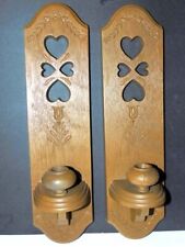 2 Wooden Wall Candle Sconces Holders w/ Hearts Theme Openwork picture