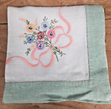 Vintage Linen Tablecloth 34x34 White/Seafoam Green Embroidered Flowers picture