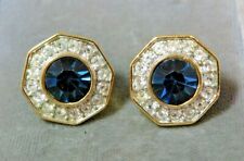 Vtg Signed M&S Blue Rhinestones Gold Silver Tone Stud Earrings 8o25 picture