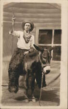 Studio Photo RPPC Man dressed as a Cowboy riding a Burro,Wooly Chaps Donkeys picture