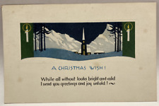 A Christmas Wish, Blue Church, Candles, Mountains, Vintage Holiday Postcard picture