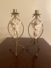 Set/2 Antique Gold Metal & Resin Cherub/Angel w/Guitar & Horn 11” Candle Holders picture