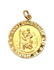 14K Yellow Gold Saint Christopher Protect Us Medal Pendant, 1 1/8