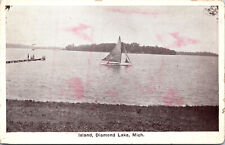 1936 Diamond Lake Sailboat Pier Island Cassopolis Michigan Postcard RPPC Vtg picture