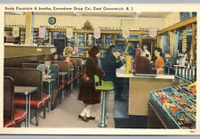 East Greenwich RI Postcard Earnshaw Drug Store Interior Soda Fountain & Booths picture