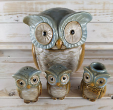 Ceramic Owl Set of 4 - Sealed Cookie Jar -  Salt & Pepper & Toothpick Holder picture