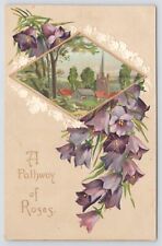 SB 1280~A Pathway Of Roses~Village~Purple Flower Vine Behind Scenery~Emb~Vtg PC picture