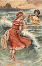 Bathing Beauty Women Play in the Surf Nice Color c1905 UDB Postcard picture